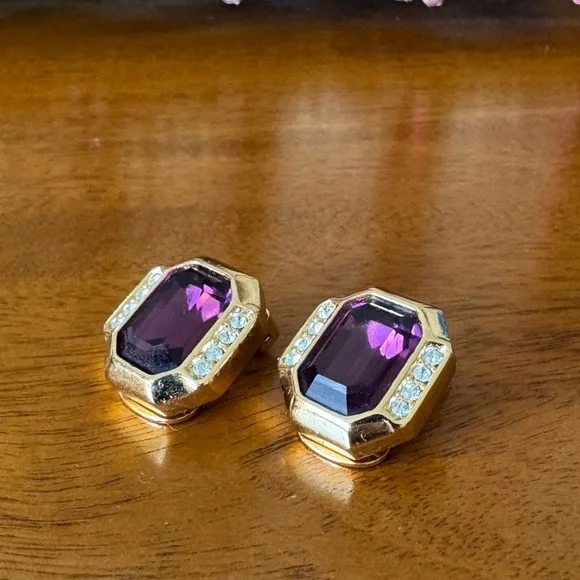 Vintage Dior Earrings - Gold and Purple Gemstone Earrings - Picture 1 of 9